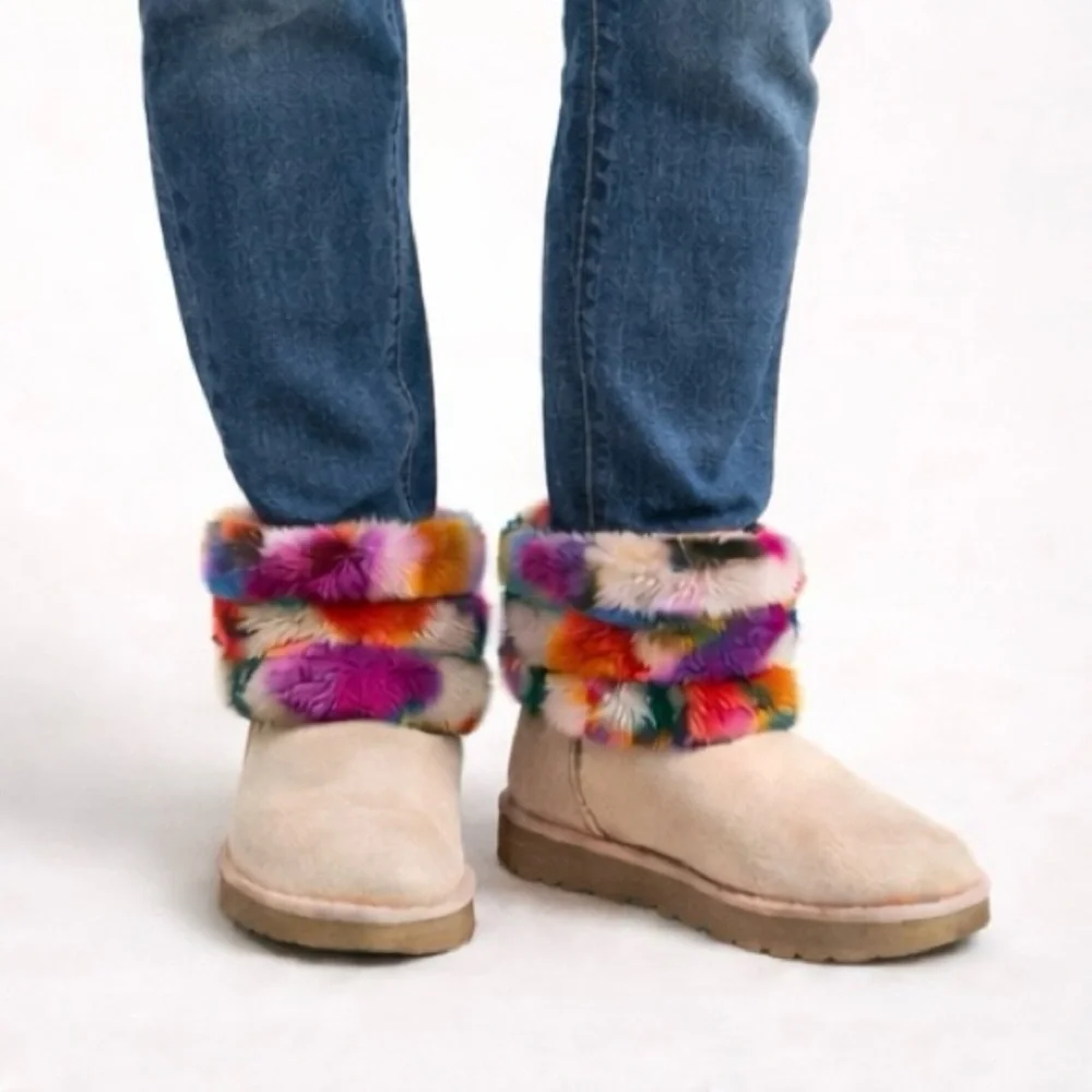 UGG Fluff Mini Quilted Motlee Boots Shoe Suede Sheepskin Pink Size EU 38 US 7